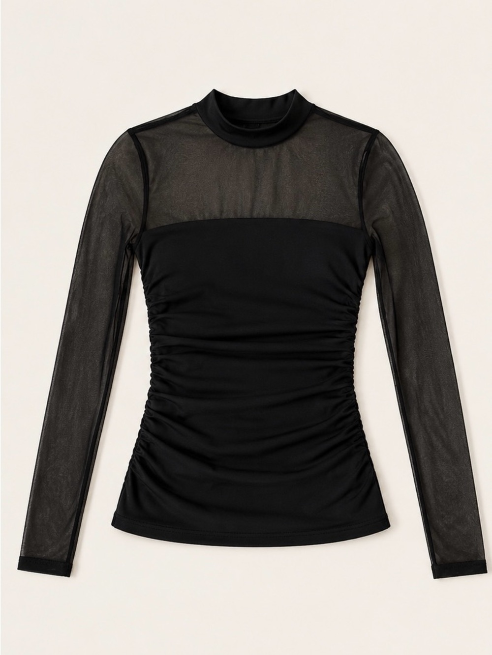 Mock Neck Sheer Mesh Sleeve Stretch Top Black Size XS